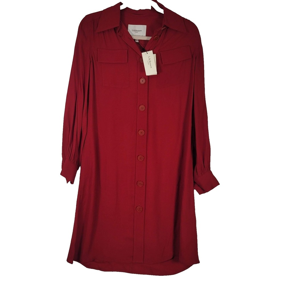 L.K.Bennett Womens‎ 6 Deep Red Shirt Dress Long Sleeve Pockets NWT Dr Miller